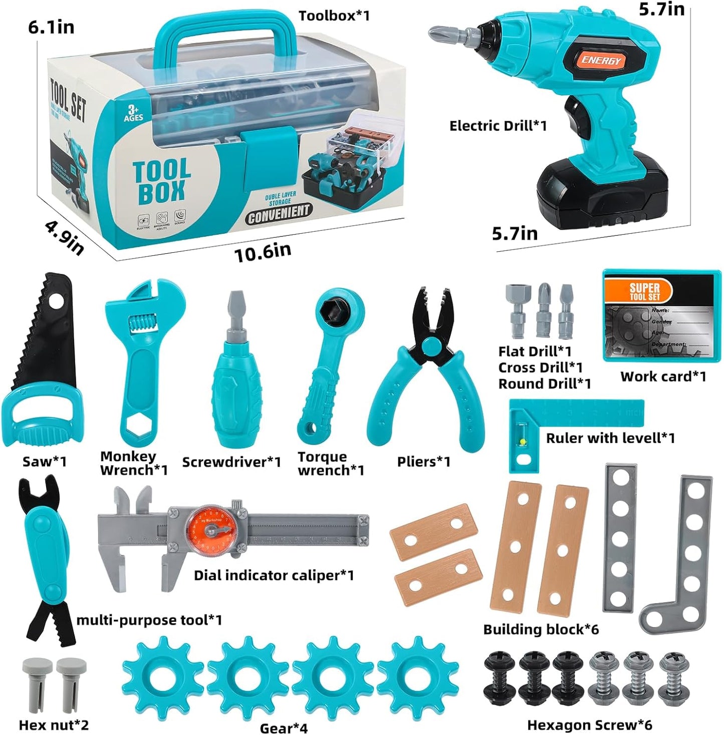 GAIETYDIY Kids Tool Set – Pretend Play Toddler Tool Set with Tool Box, Electronic Toy Drill, Screwdriver, Screw Construction Kits, Educational Tools for Kids Ages 3,4,5,6,7 Years Old, Boy Girl