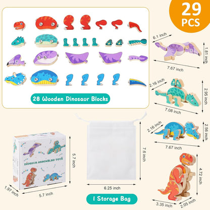 Wooden Dinosaur Blocks, Snap Together Building Toys, Dinosaur Take Apart Toy Playset for Kids, Fine Motor Skill STEM Learning Toys for Toddlers Gift for 3 4 5 6 Years Kids