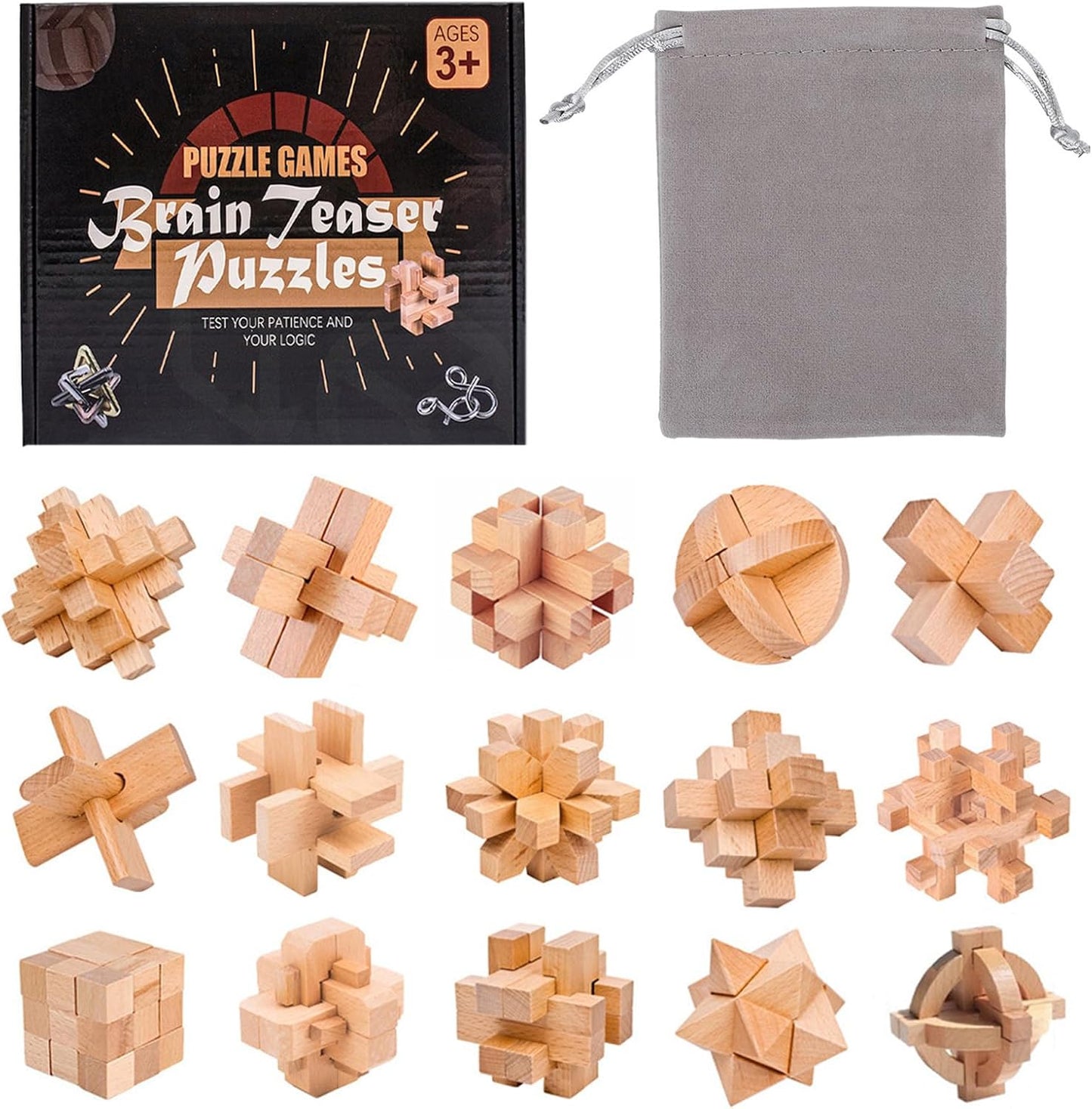 VolksRose 9pcs Wooden Brain Teaser Puzzles, IQ Challenge Puzzle Games, Logic Smart Mind Puzzle Box Lock Toy Removing Assembling 3D Small Puzzle Gift Set for Adults Teenagers Kids, 1.8inch 4.5cm