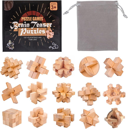 VolksRose 9pcs Wooden Brain Teaser Puzzles, IQ Challenge Puzzle Games, Logic Smart Mind Puzzle Box Lock Toy Removing Assembling 3D Small Puzzle Gift Set for Adults Teenagers Kids, 1.8inch 4.5cm
