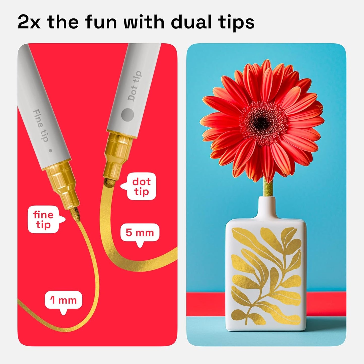 ARTISTRO 2 Gold & Silver Dual-Tip Acrylic Paint Pens - Multisurface Markers for Glass, Rock, Fabric, Wood, Plastic & More - 5mm Dot + 1mm Fine Tips