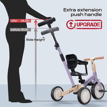 newyoo Toddler Tricycle with Push Handle for 1-3 Year Old, Toddler Bike, Birthday Gift and Toy for Boys and Girls, 5 in 1 Kids Trike, Balance Bike with Backrest and Safety Belt, Khaki, TR007