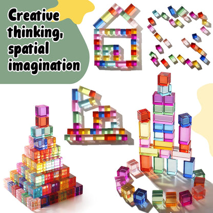 30 Pcs Mixed Acrylic Blocks Set - 10 Long (2.5x2.5x5CM) + 20 Cube (2.5x2.5x2.5CM) Rainbow Gem Blocks, Sensory Stacking Toy for 1 2 3 4 Years Old, Boys Girls Gift with Rich Building Possibilities