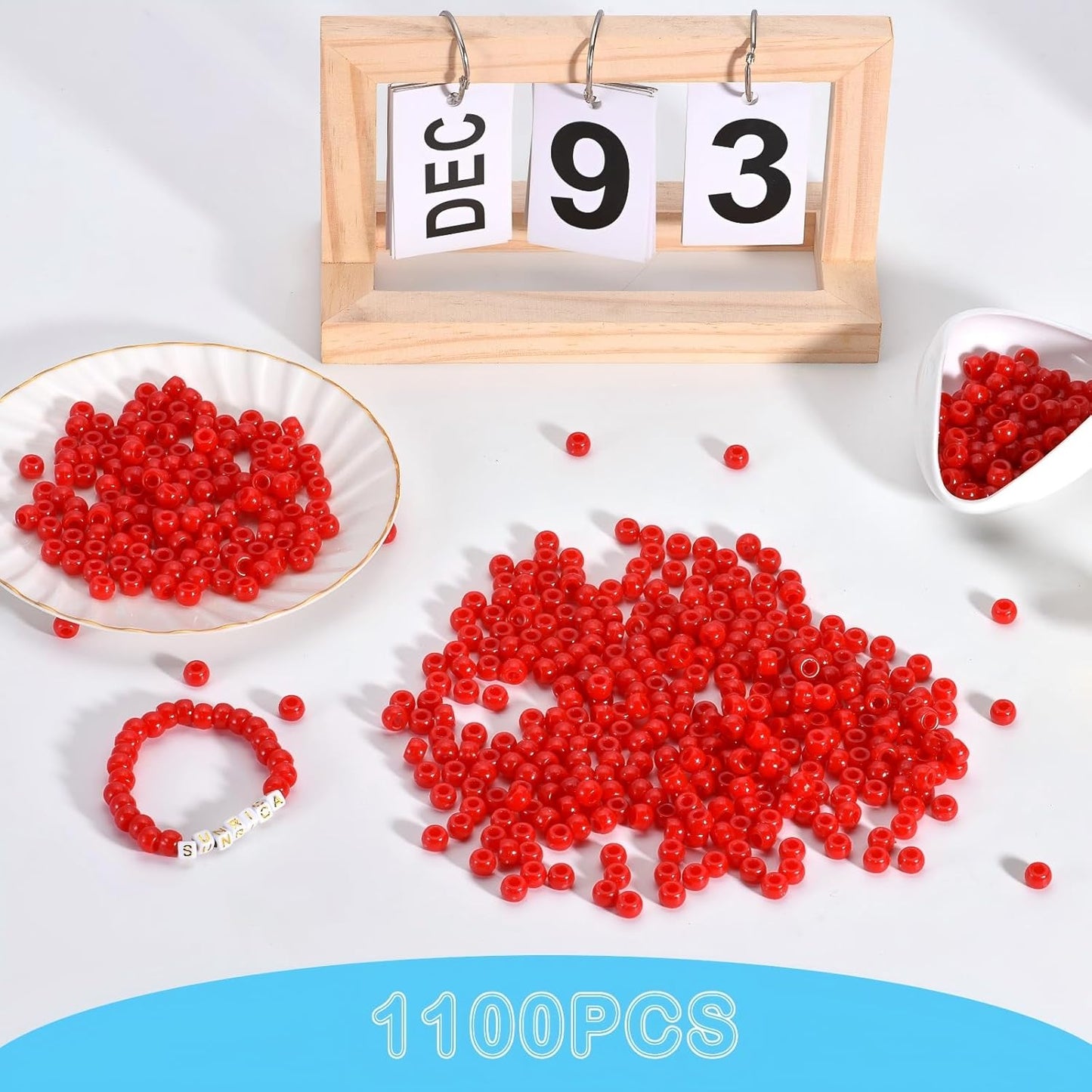 1100Pcs Red Pony Beads 6x9mm Large Hole Plastic Hair Beads for Braids, Kandi Bracelets, Keychains, Jewelry Making