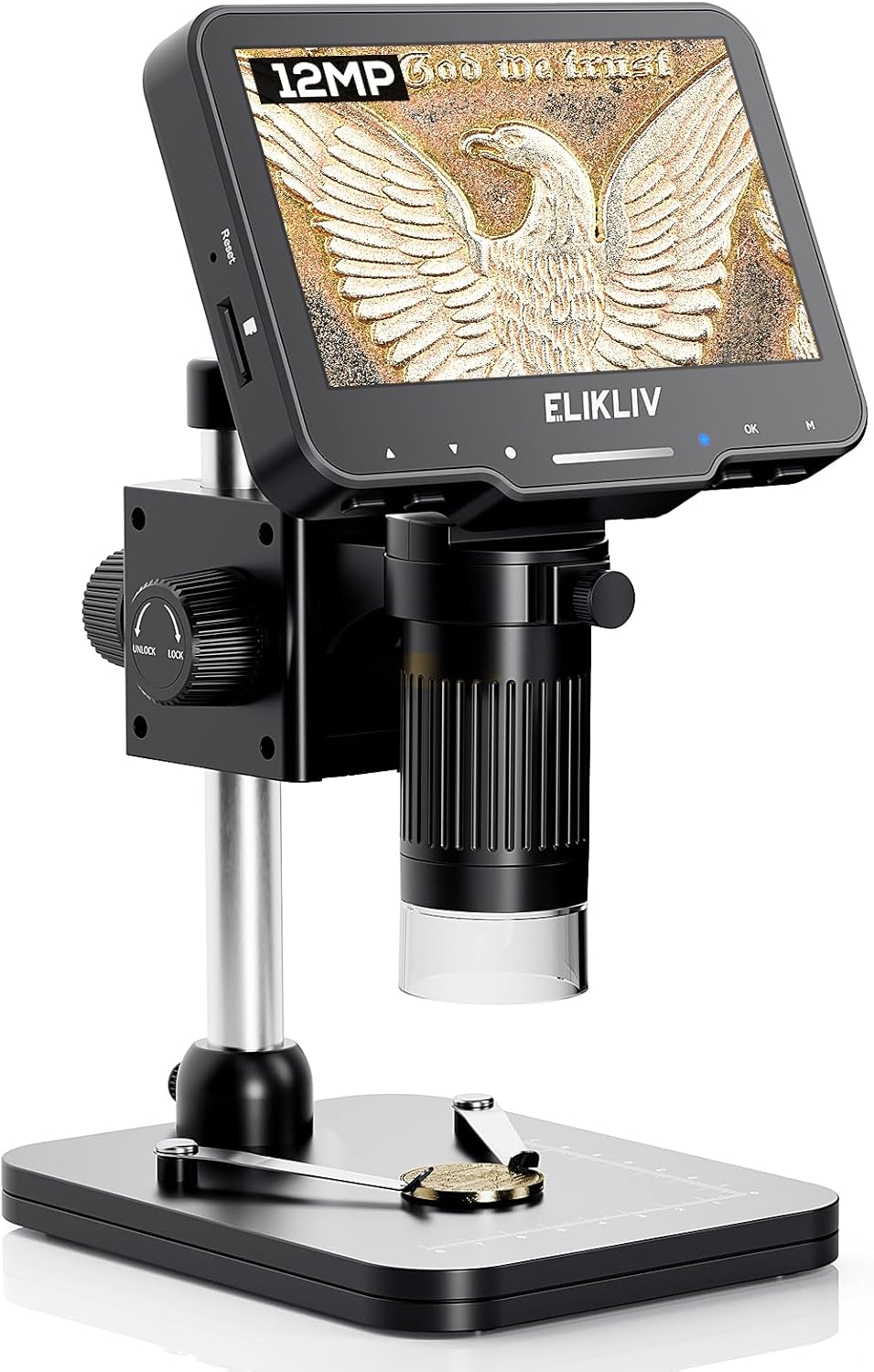 Elikliv Microscope, LCD Digital Coin Microscope 1000x, Coin Magnifier with 8 Adjustable LED Lights, PC View Compatible with Windows/MacBook, EDM4, 4.3-Inch