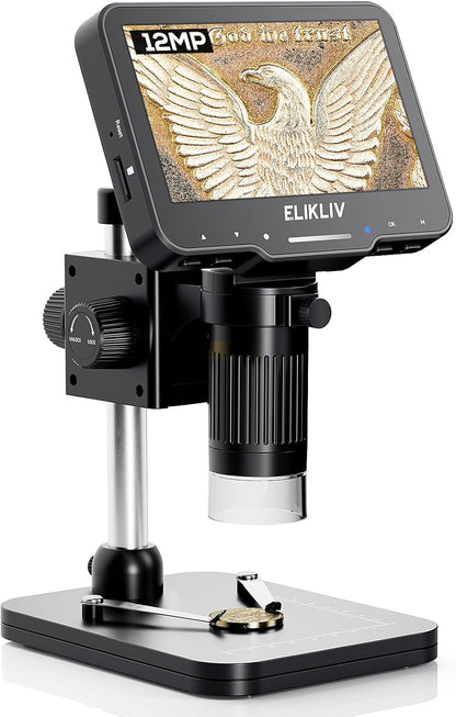 Elikliv Microscope, LCD Digital Coin Microscope 1000x, Coin Magnifier with 8 Adjustable LED Lights, PC View Compatible with Windows/MacBook, EDM4, 4.3-Inch