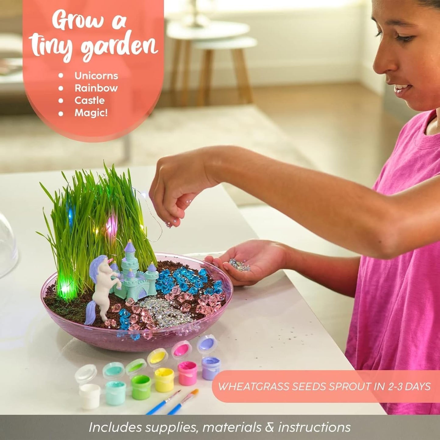 BRYTE Light Up Unicorn Terrarium Kit - Blue & Pink Round Plastic Dome, Ages 4-12 - Fairy Garden Kids Kit with Seeds & Terrarium Rock