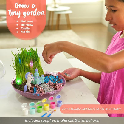 BRYTE Light Up Unicorn Terrarium Kit - Blue & Pink Round Plastic Dome, Ages 4-12 - Fairy Garden Kids Kit with Seeds & Terrarium Rock