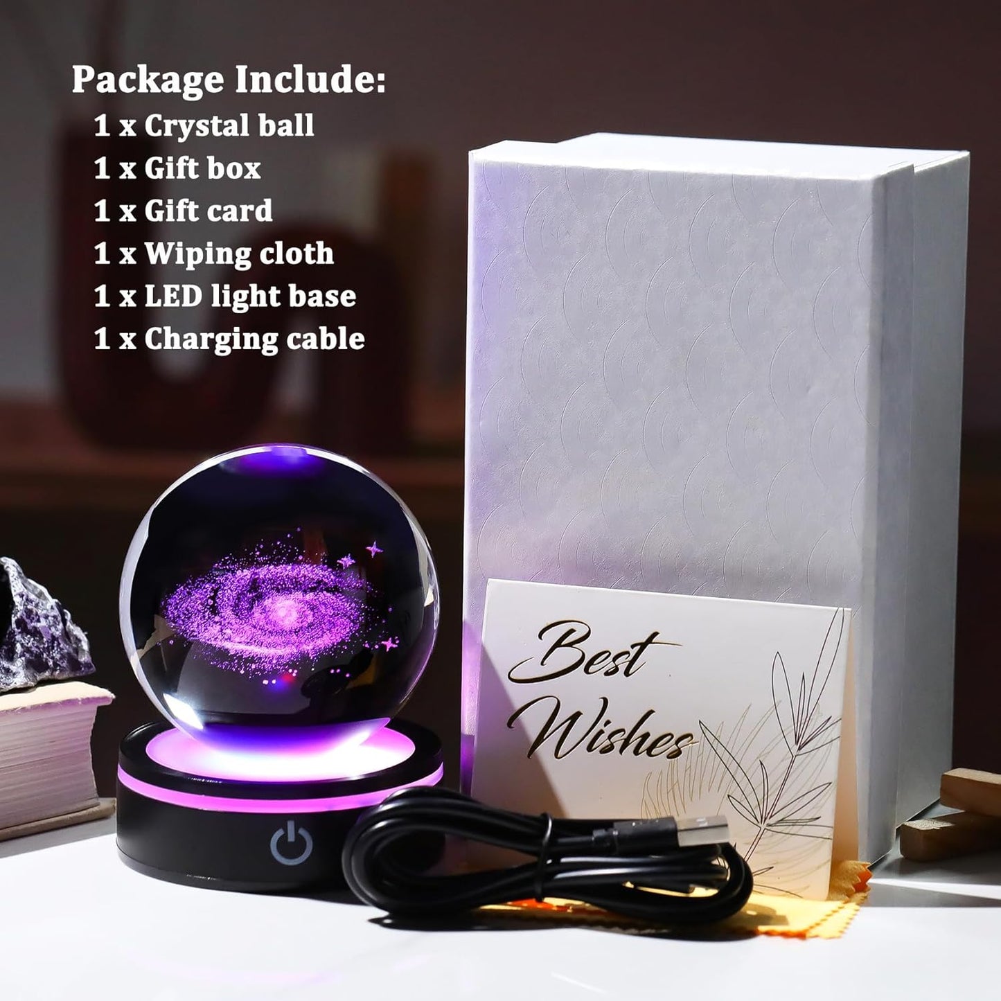 YWHL 3D Solar System Crystal Ball 80mm with Light Base, Laser Engraved Glass Planet Solar System Model Sphere Night Light Decor Space Universe Astronomy Gifts for Women Men Teens Boys and Girls