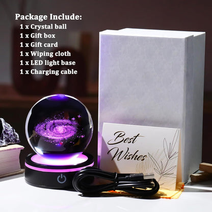 YWHL 3D Solar System Crystal Ball 80mm with Light Base, Laser Engraved Glass Planet Solar System Model Sphere Night Light Decor Space Universe Astronomy Gifts for Women Men Teens Boys and Girls
