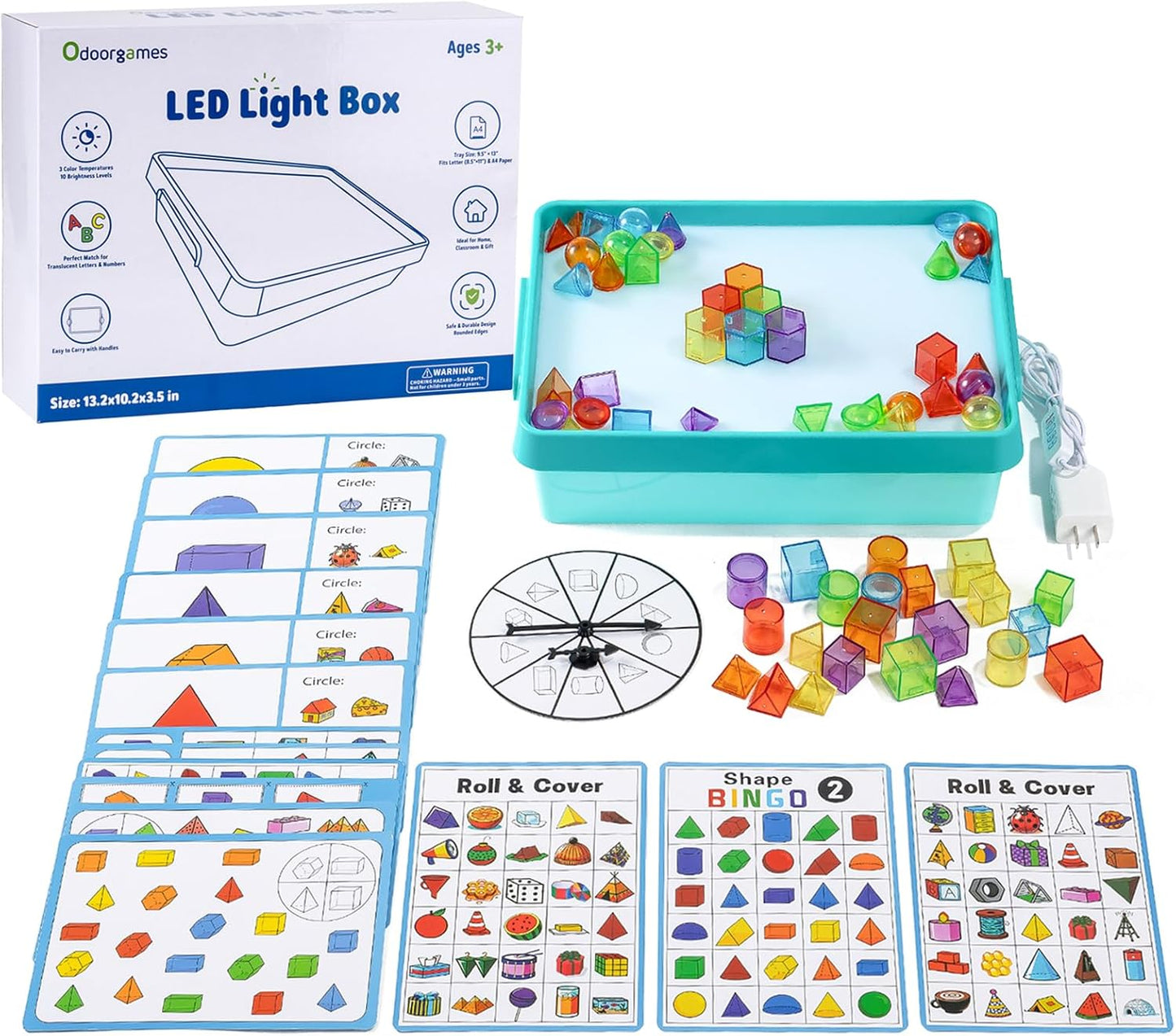 Odoorgames Light Box with Shapes & Cards Set – Light Table for Kids, Educational Toys for Tracing, Sensory Play & Early Learning (Cyan)