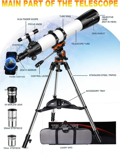 Telescope for Adults High Powered 90mm Aperture 800mm (32X-240X), Refractor Telescopes for Astronomy Beginners with AZ Mount Tripod, Phone Adapter, Carry Bag (80090white)