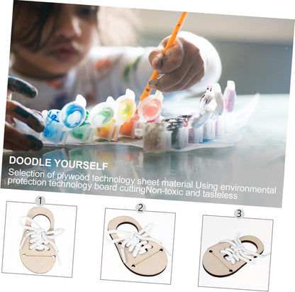 Veemoon 5sets DIY Practice Shoe Lacing Wood Chips Craft Toys for Boys and Girls Unfinished Wood Pendant Ornament Craft Decoration Funny Puzzle
