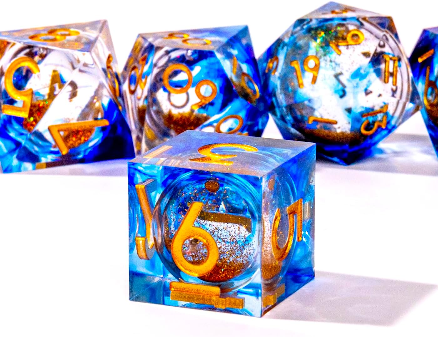Liquid Core DND Dice Set, 7pcs Sharp Edge Dice for Role Playing Dungeons and Dragons Ttrpg with Gift Box, Handmade Resin D&D Dice RPG Role Playing Games Dice Set(Blue Gold)