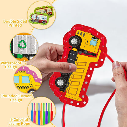 Vehicle Lacing Cards,Double Side Toddler Sewing Kit for Kids,Fine Motor Skills Toys,Shoe Tying Practice,Manipulatives for Preschoolers,Classroom Must Haves,Preschool Learning Activities