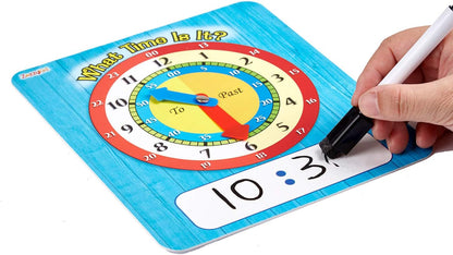 ZazzyKid Time Learning Analog Clock for Kids - Pack of 5 (7 x 8 Inches) with 5 Erasable Markers: Teach Children to Tell The Time