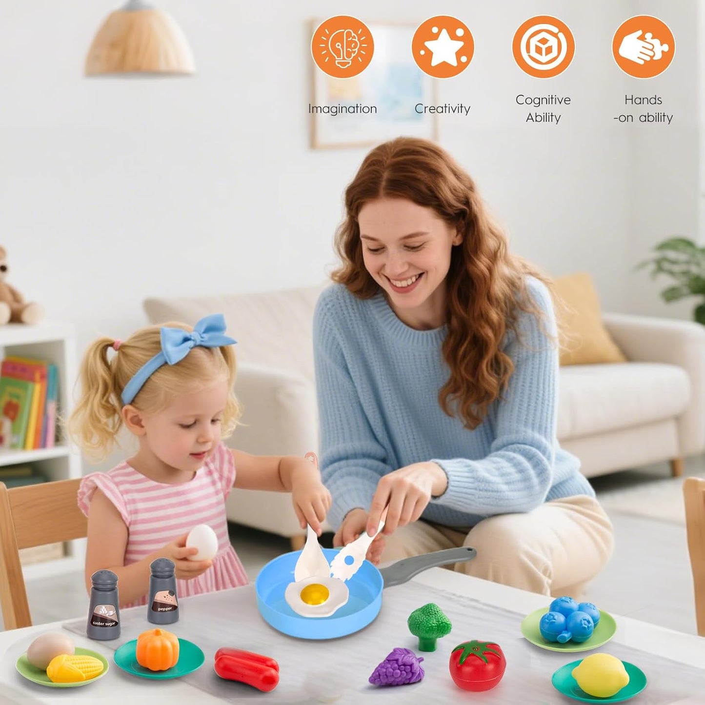 150Pcs Kitchen Playset, Toddlers Pretend Cooking Cookware Accessories, Food, Picnic Blanket, Fruits, Veges, 2Pack Shopping Storage Basket, Dessert and Prop Money, Gift for Kids (Pink)
