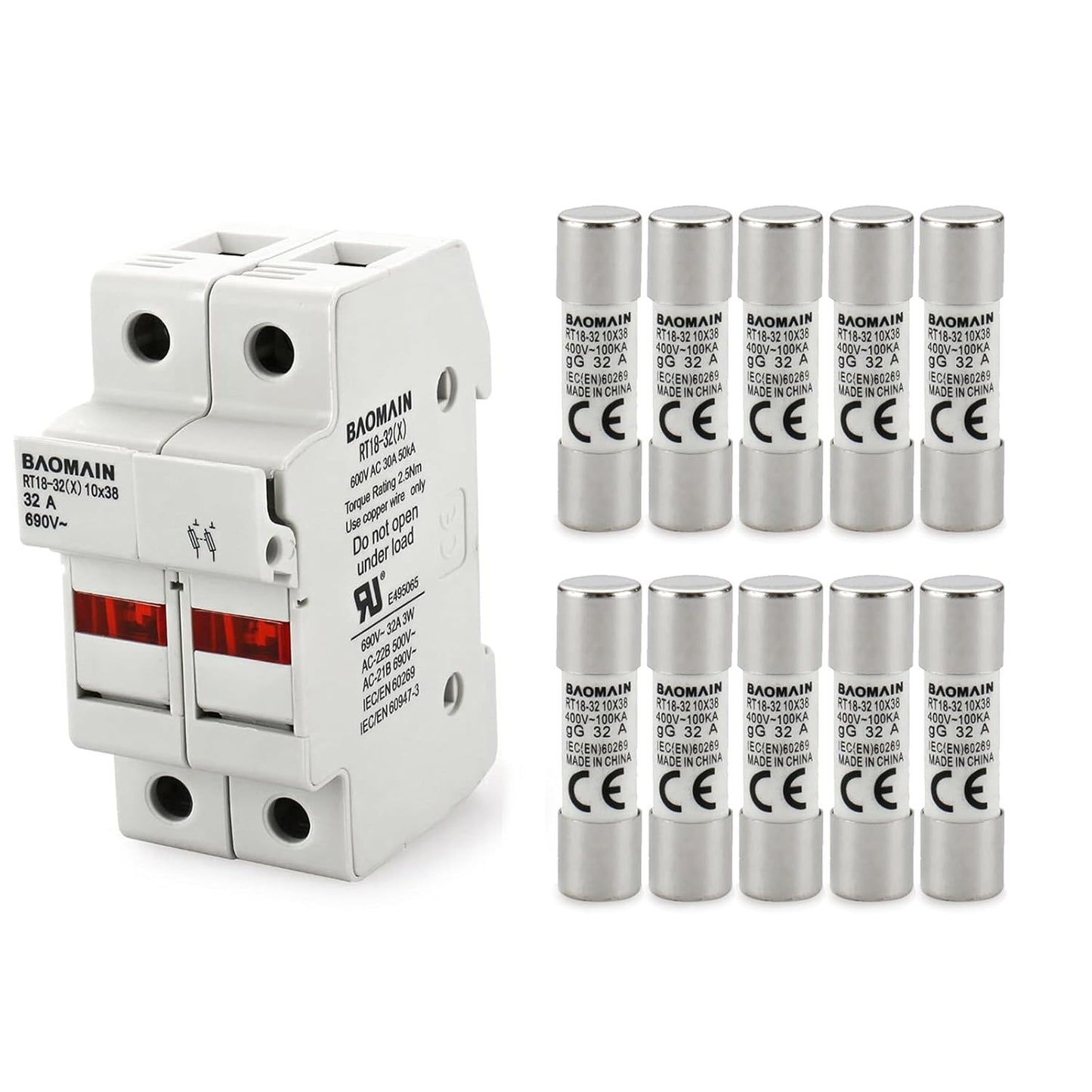 Baomain RT18-32 Fuse Holder Base with 10x20A Ceramic Fuses (10x38mm) – 2 Pole DIN Rail Mount, LED Indicator, CE Certified (20 Amp)