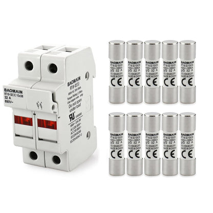 Baomain RT18-32 Fuse Holder Base with 10x20A Ceramic Fuses (10x38mm) – 2 Pole DIN Rail Mount, LED Indicator, CE Certified (20 Amp)