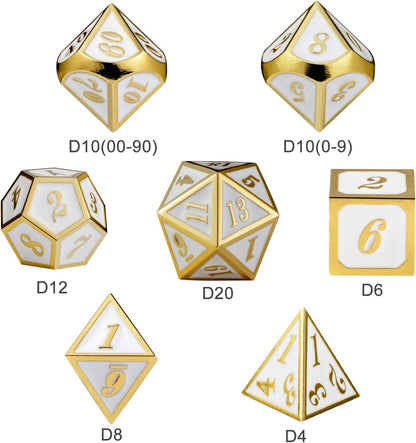 DnDnD Heavy Polyhedral Metal Dice Set with Metal Box, 7-die Shiny Blue Surface with Golden Number for RPG,Dungeons and Dragons,Pathfinder,Shadowrun,D&D,Role Palying Game and Math Teaching - Colors A