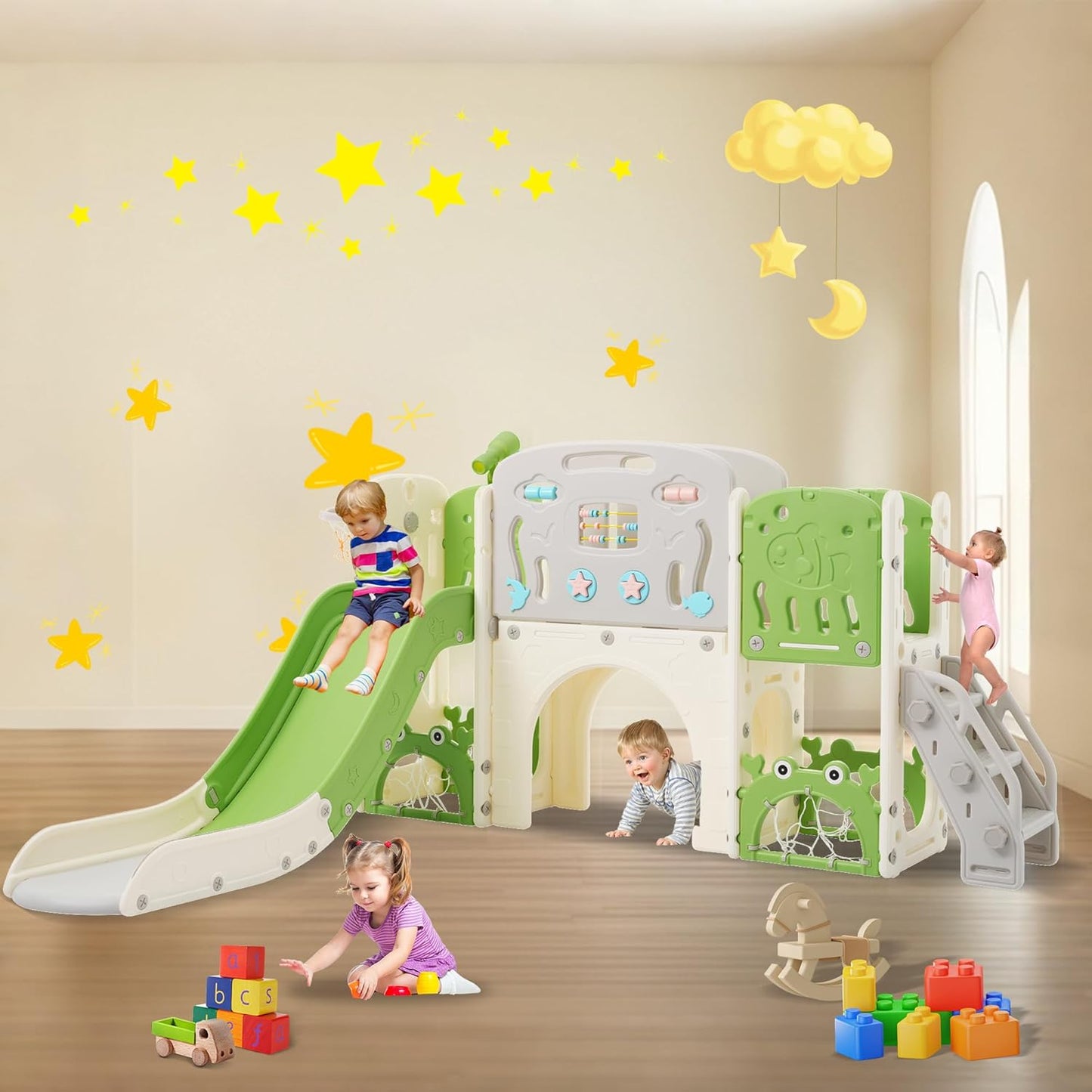 11in 1 Toddler Slide, Kid Slide for Toddlers Age 1-3 with Telescope, Basketball Hoop, and Telescope, Indoor Outdoor Playset Playground Blue Grey