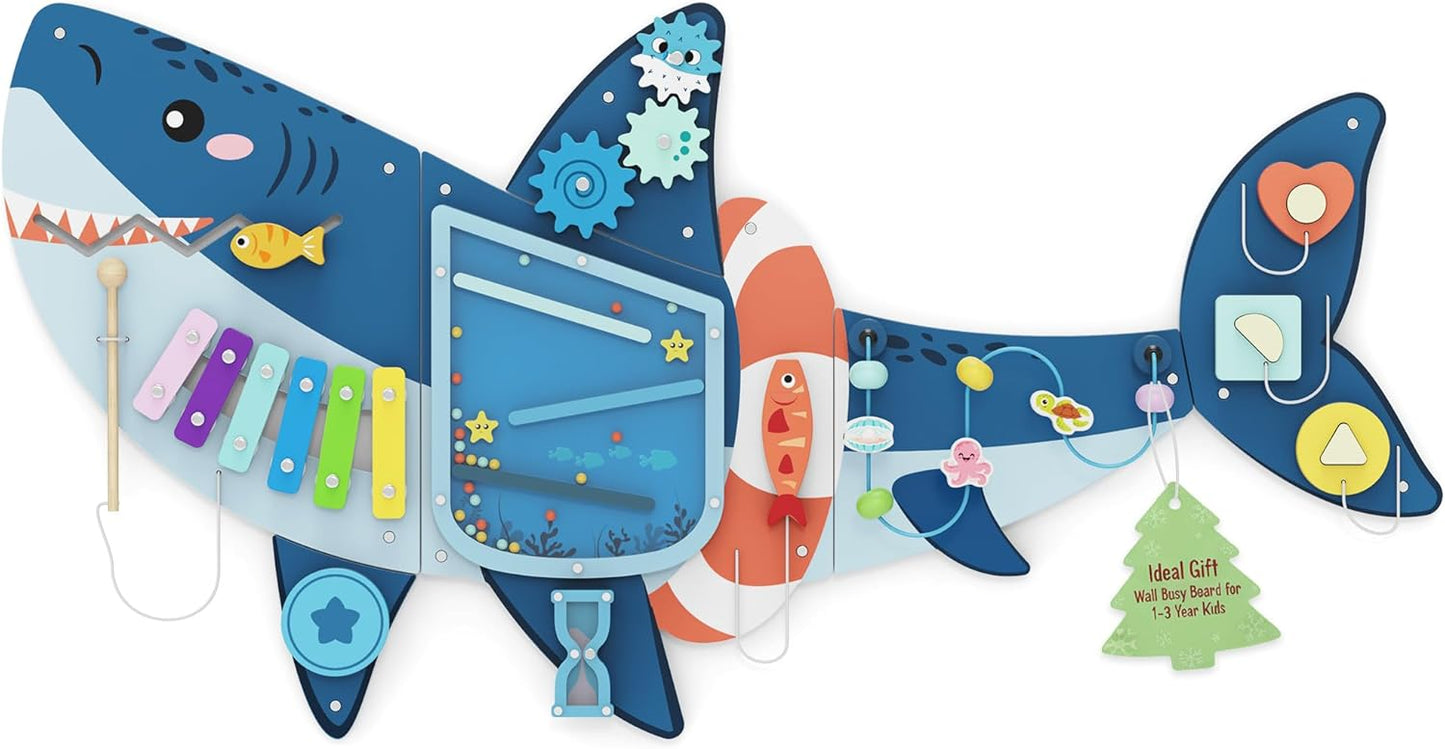 Easyego Shark Wall Busy Board Panels, Montessori Sensory Activity Center - Wooden Educational Toys for Toddlers, Promotes Holistic Development, Holiday/Birthday Gift for Boys & Girls