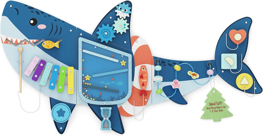 Easyego Shark Wall Busy Board Panels, Montessori Sensory Activity Center - Wooden Educational Toys for Toddlers, Promotes Holistic Development, Holiday/Birthday Gift for Boys & Girls