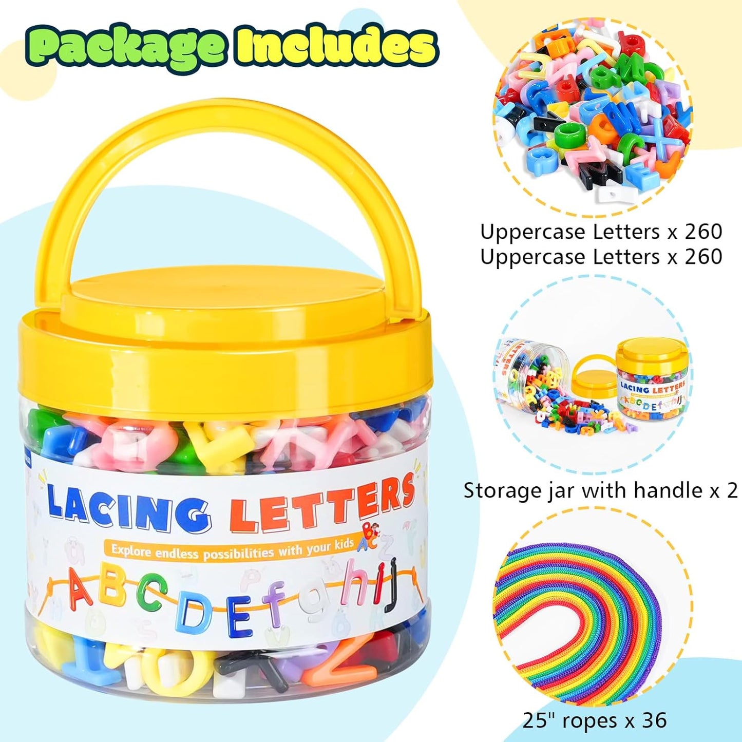 278 Pcs Lacing Letters Beads, Lowercase Alphabet Learning Toys, 10 Color Rainbow Alphabet Beads with 18 Laces, Preschool & Home Educational Toy for Kids Ages 3+, Back to School Supplies