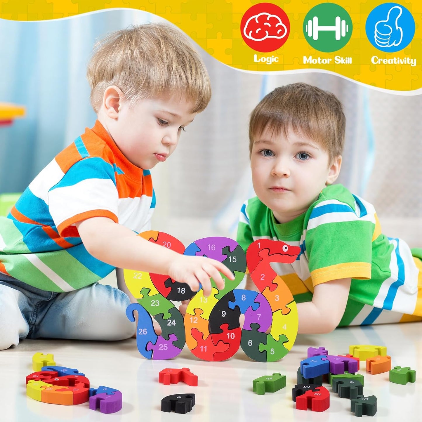 Yunsailing 4 Pcs Alphabet Jigsaw Puzzle Wooden Blocks Toys Alphabet Educational Toddler Puzzle Toys for Preschool Learning Party Favor Gift Learning (Snake, Snail, Duck, Leopard)