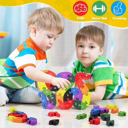 Yunsailing 4 Pcs Alphabet Jigsaw Puzzle Wooden Blocks Toys Alphabet Educational Toddler Puzzle Toys for Preschool Learning Party Favor Gift Learning (Snake, Snail, Duck, Leopard)