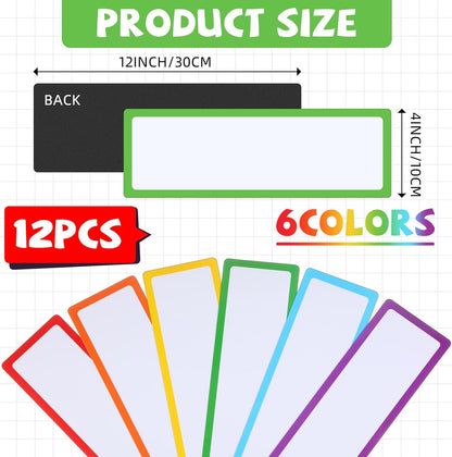 Janlaugh 12 Pcs Large Magnetic Dry Erase Labels for Classroom, 12 x 4 Inch Rectangle Magnetic Name Plates Label Flexible Magnet Stickers for Whiteboards Refrigerator(Rainbow Color,Style 1)