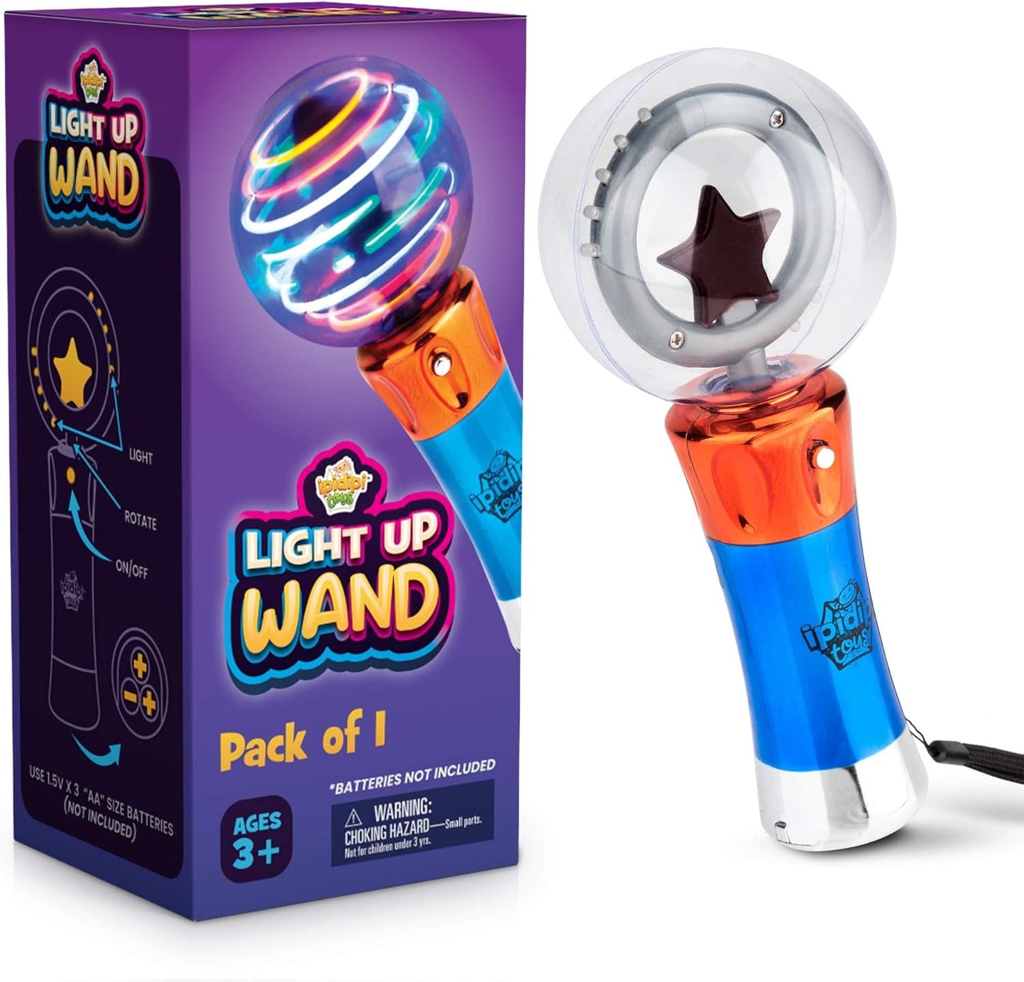 IPIDIPI TOYS Spinning Light Up Magic Wand for Kids, 2 Pack, LED Sensory Globe Wand - Easter Basket Stuffers Light Up Toys, Small Gift, Goodie Bag - Birthday Party Favors for Boys and Girls