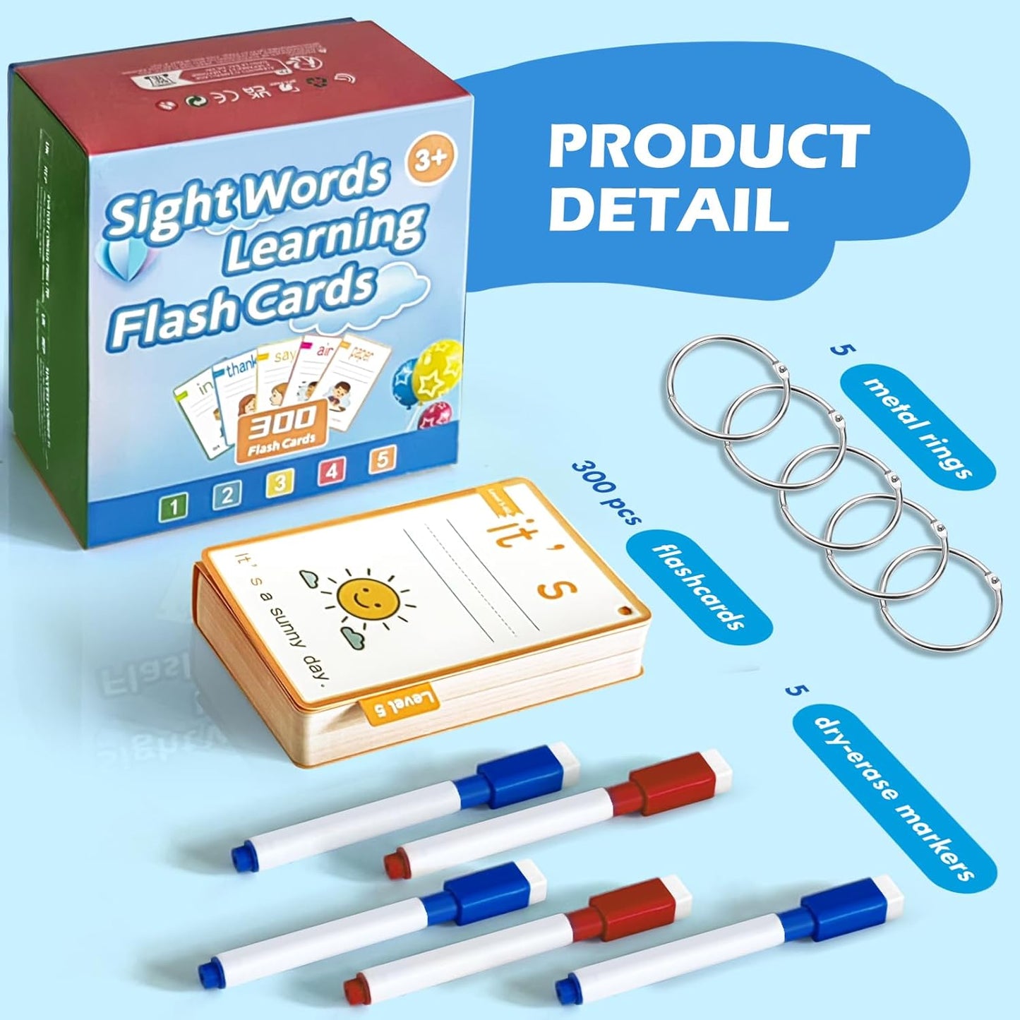 CVC Word Games&Writing Practice Card,300 Sight Words Flash Cards for Kindergarten & Toddlers-5 Levels Learning Cards with Picture Sentences Include 5 Dry Erase Markers & Rings