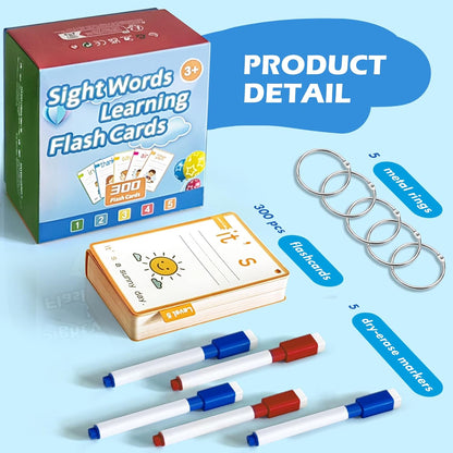 CVC Word Games&Writing Practice Card,300 Sight Words Flash Cards for Kindergarten & Toddlers-5 Levels Learning Cards with Picture Sentences Include 5 Dry Erase Markers & Rings
