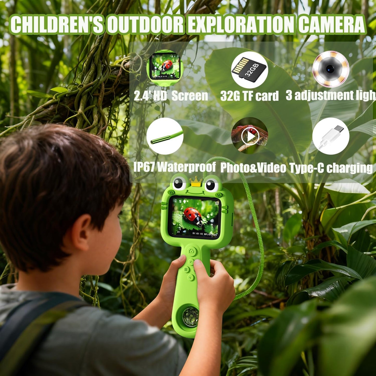 Borescope Camera with Light for Kids - STEM Science Educational Toy for 4-10 12Years Old, Educational Boys Girls Birthday Gift, Snake Scope Camera for Outdoor Camping Nature Exploration (Green)