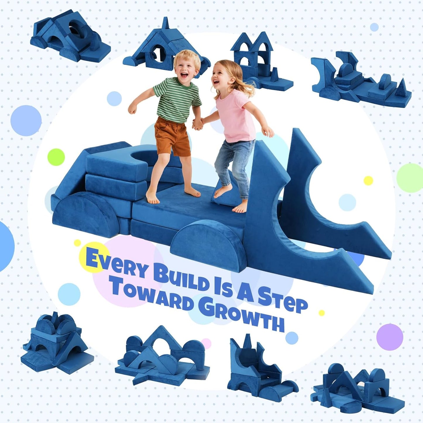 Tangram Puzzles modular kids play couch building fort, Children explorer sofa with Ball Pit, Kids playroom convertible furniture for Inspiring Child Creativity, Made entirely of sponge (Blue Series)
