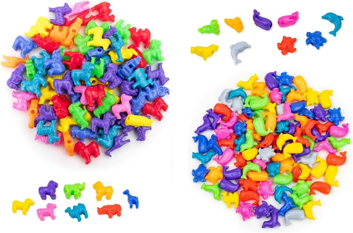 Hygloss Animal Shaped Beads 50 Pcs Plastic Zoo Safari Animal Pony Bead Charms - Colorful Craft Beads - for Kids DIY Craft Jewelry Making Necklace Bracelet Supplies, Resealable Container