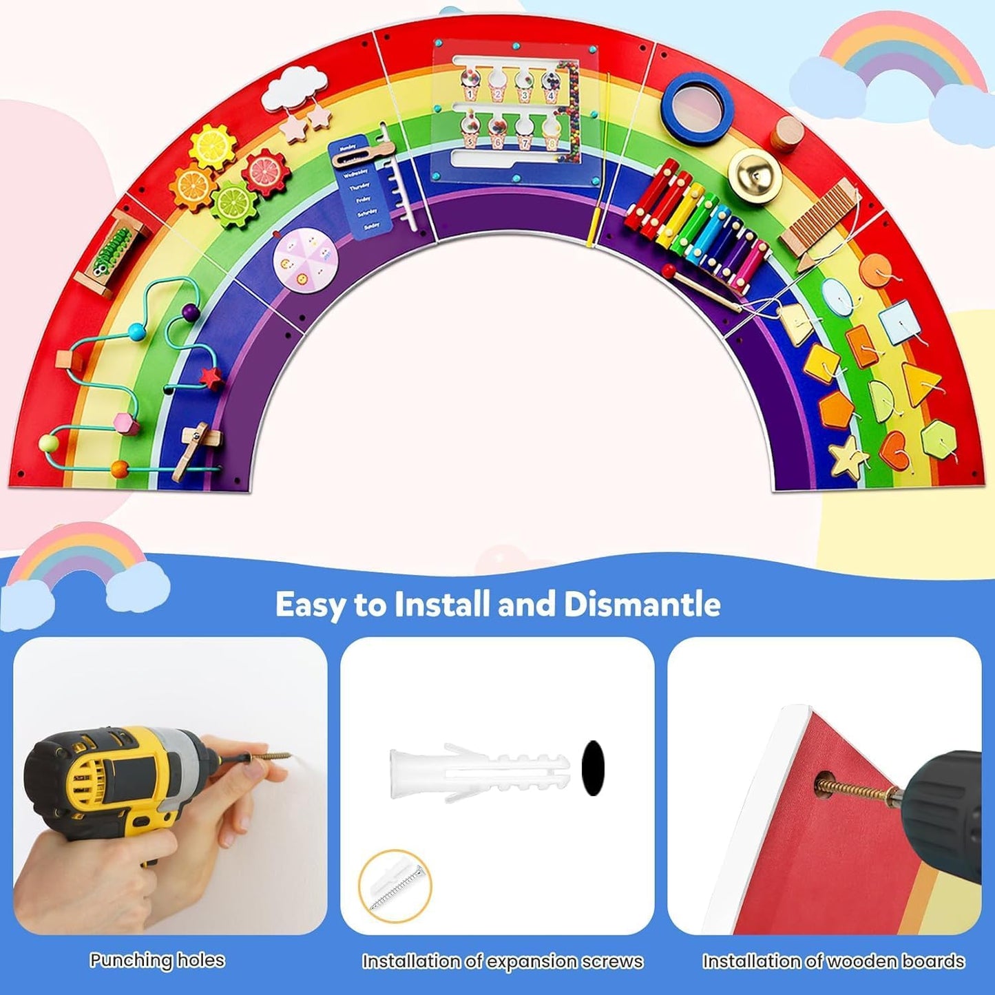 Rainbow Wall Busy Board for Kids: Wooden Montessori Activity Panel | 13-in-1 Sensory Learning Toys for Fine Motor Skills - Playroom & Nursery Essentials for Toddlers