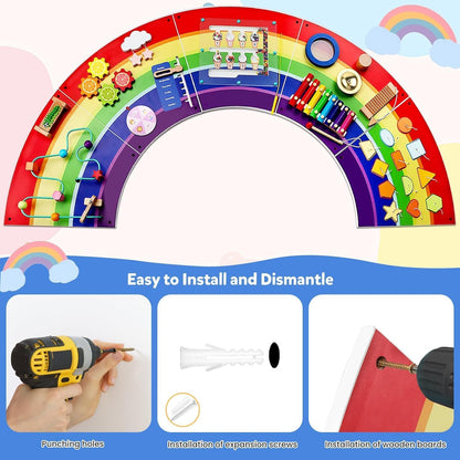 Rainbow Wall Busy Board for Kids: Wooden Montessori Activity Panel | 13-in-1 Sensory Learning Toys for Fine Motor Skills - Playroom & Nursery Essentials for Toddlers