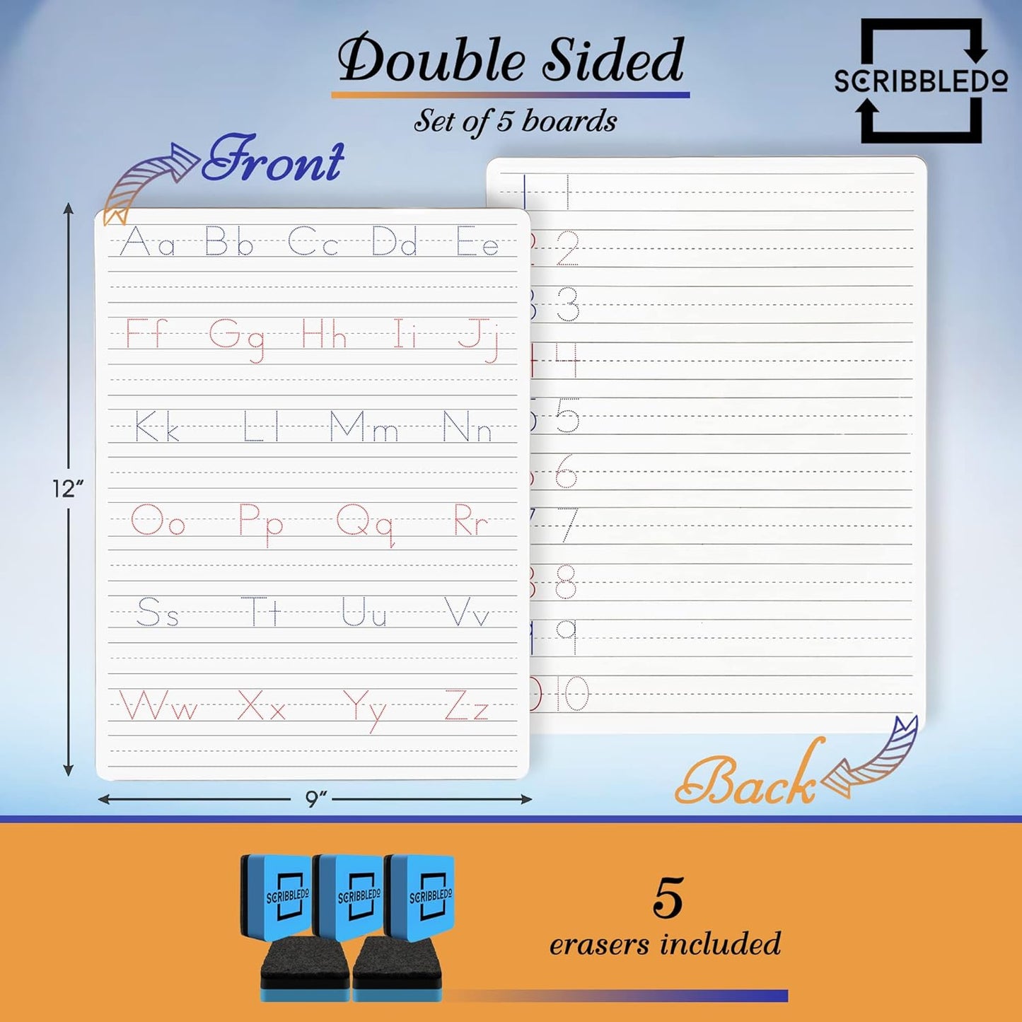 Scribbledo 5 Pack Dry Erase Handwriting Practice for Kids 9 x 12 Inch Letter Alphabet Tracing Board Whiteboard for Kids Ages 3-5 Write and Wipe Alphabet Practice Cards Letters & Erasers