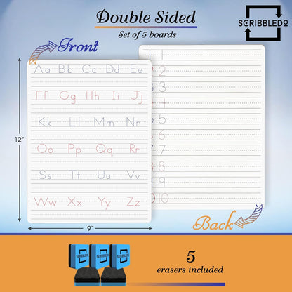 Scribbledo 5 Pack Dry Erase Handwriting Practice for Kids 9 x 12 Inch Letter Alphabet Tracing Board Whiteboard for Kids Ages 3-5 Write and Wipe Alphabet Practice Cards Letters & Erasers
