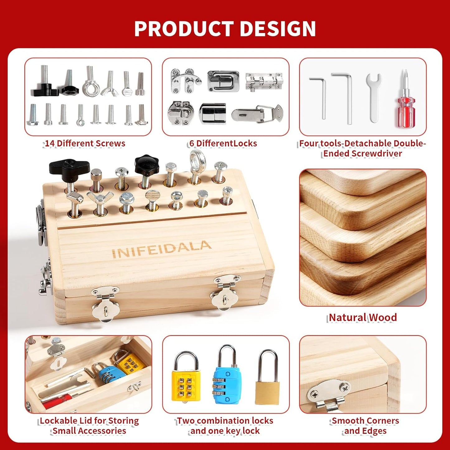 INIFEIDALA Montessori Busy Board for Toddlers 3-5,Wooden Sensory Toy with Locks,Latches & Screwdriver Set, Fine Motor Skills Learning Toy for Travel,Quiet Play & Preschool Activities