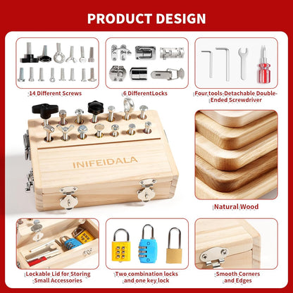 INIFEIDALA Montessori Busy Board for Toddlers 3-5,Wooden Sensory Toy with Locks,Latches & Screwdriver Set, Fine Motor Skills Learning Toy for Travel,Quiet Play & Preschool Activities