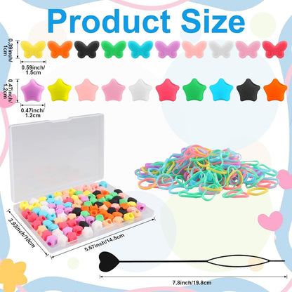 Waldeinsamkeit 200 Silicone Hair Beads Set 5mm Butterfly Star Hair Bead 10 Colors for Girls Braids 2 Plastic Quick Beaders 100 Elastic Rubber Bands Soft Micro Silicone Hair Beads for Braids