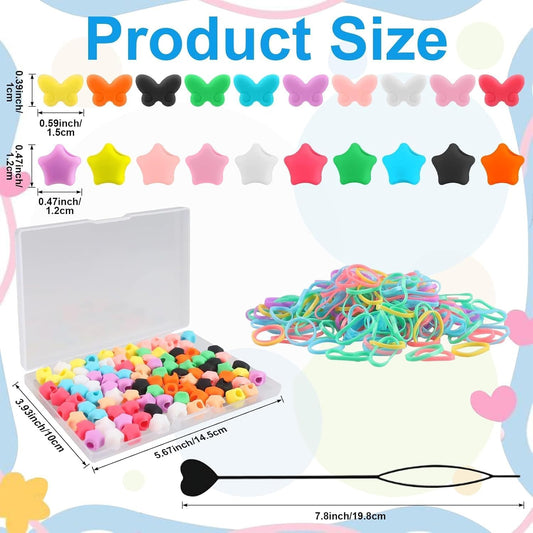 Waldeinsamkeit 200 Silicone Hair Beads Set 5mm Butterfly Star Hair Bead 10 Colors for Girls Braids 2 Plastic Quick Beaders 100 Elastic Rubber Bands Soft Micro Silicone Hair Beads for Braids