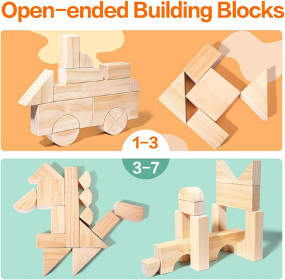 Migargle Large Wooden Building Blocks Set - Educational Preschool Learning Toys with Wooden Storage Box, Toddler Blocks Building and Stacking Toys for 3+ Year Old Boy and Girl Gifts