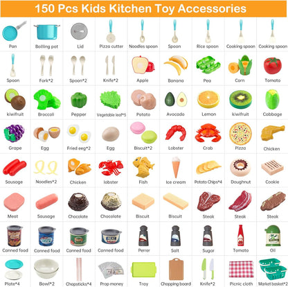 150Pcs Kitchen Playset, Toddlers Pretend Cooking Cookware Accessories, Food, Picnic Blanket, Fruits, Veges, 2Pack Shopping Storage Basket, Dessert and Prop Money, Gift for Kids (Pink)