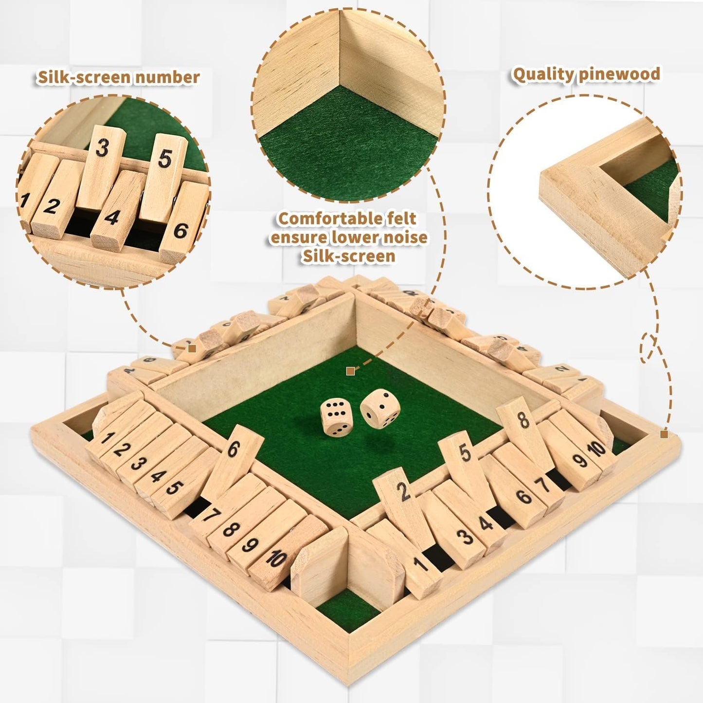1-4 Players Shut The Box Dice Game, 10 Numbers Traditional Wooden Pub Bar Board Family Table Mat Game Dice for Adults