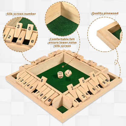 1-4 Players Shut The Box Dice Game, 10 Numbers Traditional Wooden Pub Bar Board Family Table Mat Game Dice for Adults