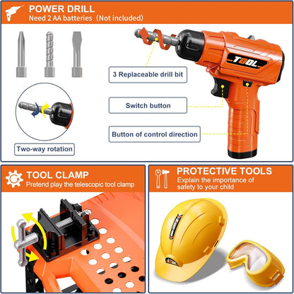 Kids Tool Bench -Toy Workbench with Electric Drill Toy Tool Accessories and Construction Vest 91pcs Toddler Tool Bench,Pretend Play Learning Toy Tool Bench for Kids Ages 3-5,4-8